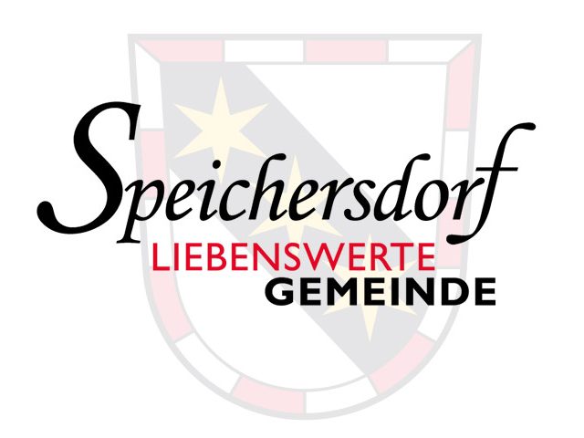 Schriftzug von Speichersdorf mit Wappen im Hintergrund
