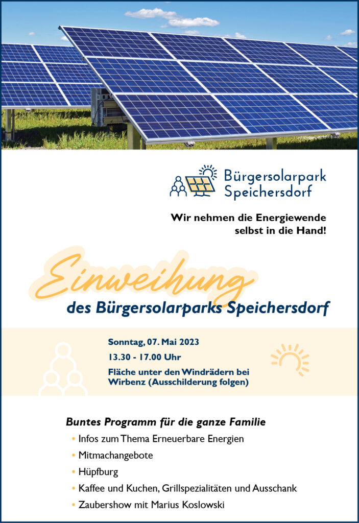 Anzeige zur Einweihung des Bürgersolarparks Speichersdorf mit Programmpunkten